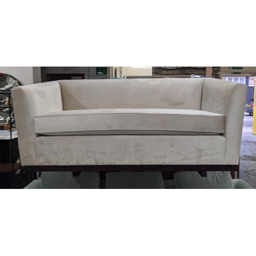 399 - SOFA, ivory velvet upholstered, with patterned fabric accent to exterior, 180cm x 94cm x 78cm.