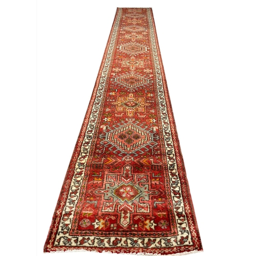 109 - PERSIAN KARAJA LONG RUNNER, 435cm x 70cm.