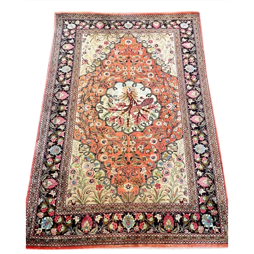 125 - FINE PURE SILK QUM RUG, 153cm x 64cm.