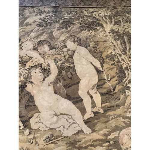 132 - 17TH CENTURY STYLE TAPESTRY, cherub scene, after Peter Paul Rubens, 163cm x 230cm.