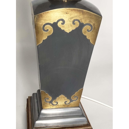 139 - TABLE LAMPS, a pair, pewter and pierced and engraved gilt metal mounted of vase form with bespoke li... 