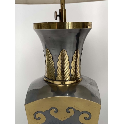 139 - TABLE LAMPS, a pair, pewter and pierced and engraved gilt metal mounted of vase form with bespoke li... 