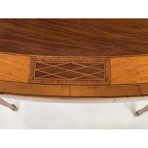 146 - CARD TABLE, George III period figured mahogany satinwood crossbanding and allover line inlay, D shap... 