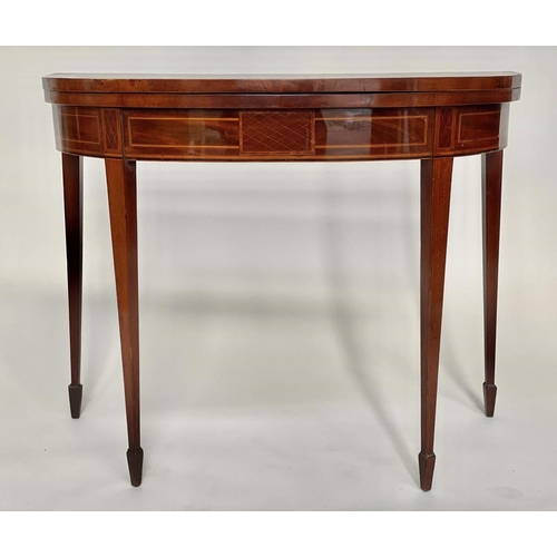 146 - CARD TABLE, George III period figured mahogany satinwood crossbanding and allover line inlay, D shap... 