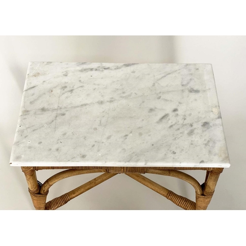 149 - LAMP TABLES, a pair, rattan and cane bound each with Carrara marble top, 54cm x 33cm x 53cm H. (2)