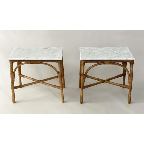 149 - LAMP TABLES, a pair, rattan and cane bound each with Carrara marble top, 54cm x 33cm x 53cm H. (2)