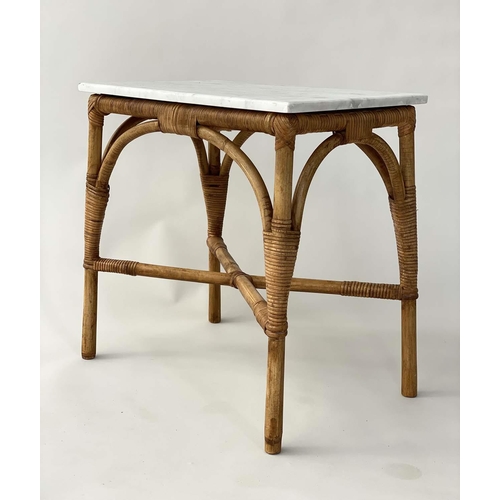 149 - LAMP TABLES, a pair, rattan and cane bound each with Carrara marble top, 54cm x 33cm x 53cm H. (2)