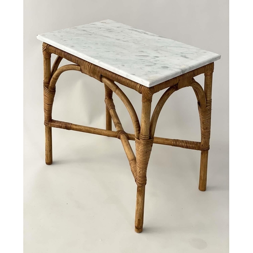 149 - LAMP TABLES, a pair, rattan and cane bound each with Carrara marble top, 54cm x 33cm x 53cm H. (2)