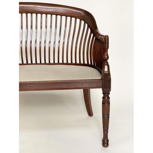 153 - HALL SEAT, Edwardian mahogany with shaped arched rail back and taupe linen upholstered seat, 122cm W... 