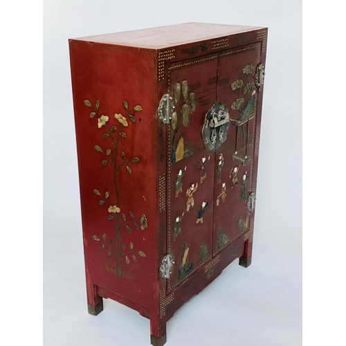 154 - CHINESE SIDE CABINET, early 20th century scarlet lacquered and silvered metal with figures in landsc... 