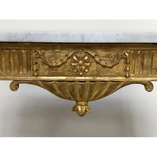 155 - CONSOLE TABLE, 19th century Italian giltwood with Carrara marble top, fluted frieze, ribbon tablet a... 