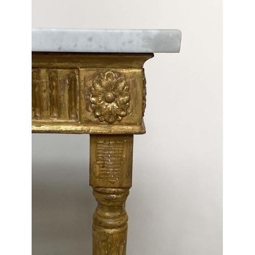 155 - CONSOLE TABLE, 19th century Italian giltwood with Carrara marble top, fluted frieze, ribbon tablet a... 