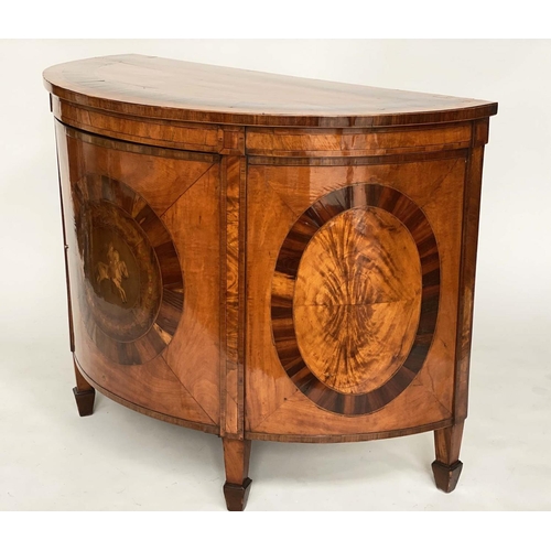 158 - COMMODE, 19th century satinwood and rosewood crossbanded, demi lune outline with marquetry panels an... 