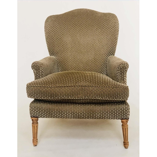 164 - ARMCHAIR, walnut frame with soft woven upholstery feather fitted cushion and fluted supports, 65cm W... 