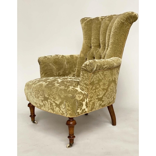 178 - ARMCHAIRS, a pair, Victorian walnut with two tone foliate cut velvet upholstery, buttoned back, scro... 