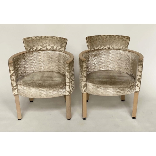 180 - ARMCHAIRS BY COLLINET SIEGES OF FRANCE, a pair, with rounded backs and gold twill/foliate upholstery... 