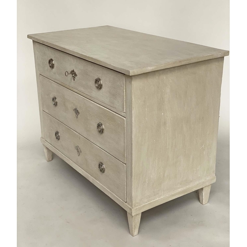 183 - GUSTAVIAN COMMODE, 19th century Swedish traditionally grey painted with three long drawers and squar... 