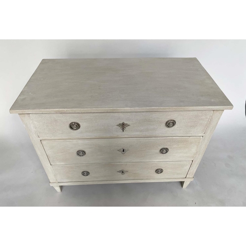 183 - GUSTAVIAN COMMODE, 19th century Swedish traditionally grey painted with three long drawers and squar... 