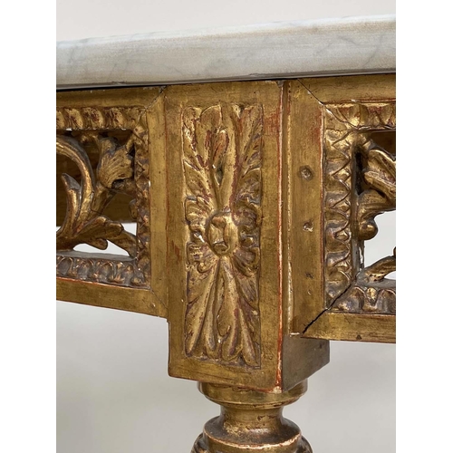 184 - CONSOLE TABLE, 19th century French carved giltwood with demi lune carrara white marble top and pierc... 