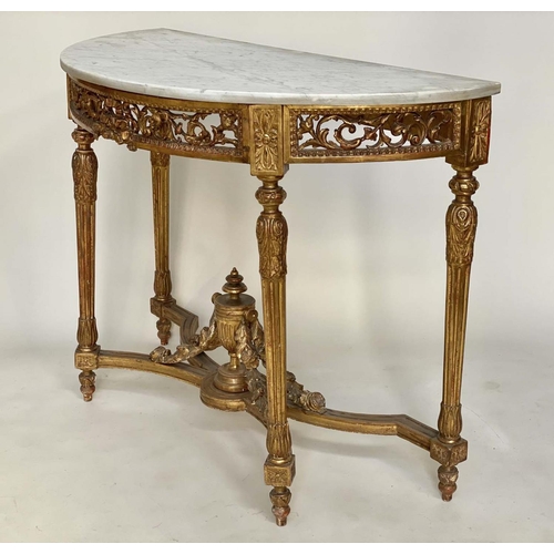 184 - CONSOLE TABLE, 19th century French carved giltwood with demi lune carrara white marble top and pierc... 