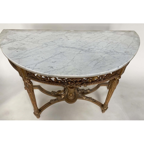 184 - CONSOLE TABLE, 19th century French carved giltwood with demi lune carrara white marble top and pierc... 