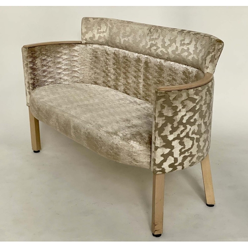 185 - SOFA/SEAT, two seater with rounded back bois clair show wood and twin fabric gold twill and foliate ... 