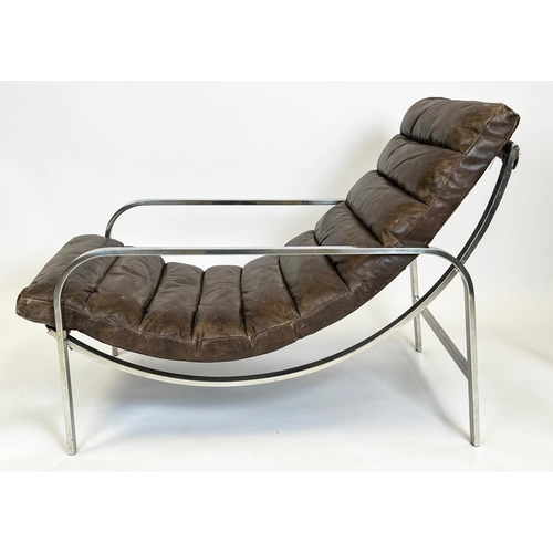 187 - HALO SCOTT ARMCHAIR, ribbed brown leather with a stainless steel frame, 84cm H x 110cm x 63cm.