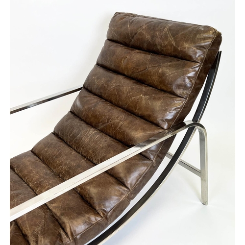 187 - HALO SCOTT ARMCHAIR, ribbed brown leather with a stainless steel frame, 84cm H x 110cm x 63cm.