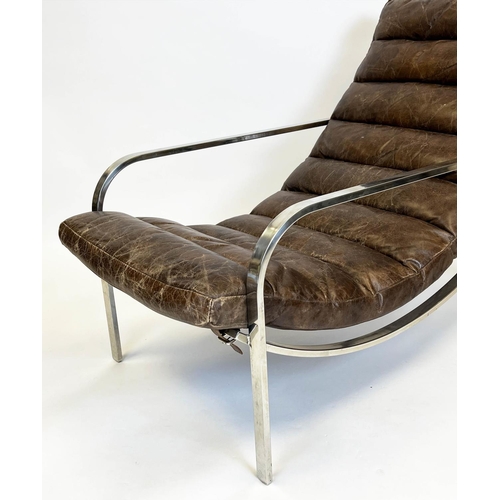 187 - HALO SCOTT ARMCHAIR, ribbed brown leather with a stainless steel frame, 84cm H x 110cm x 63cm.