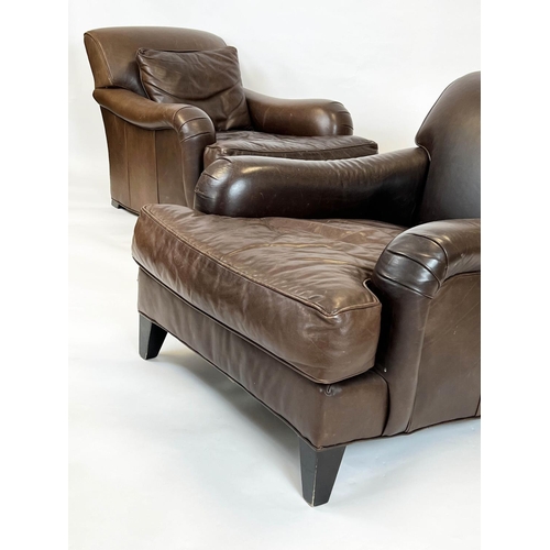 191 - HOWARD STYLE ARMCHAIRS, a pair, stitched brown leather, 85cm x 76cm H x 105cm. (2)