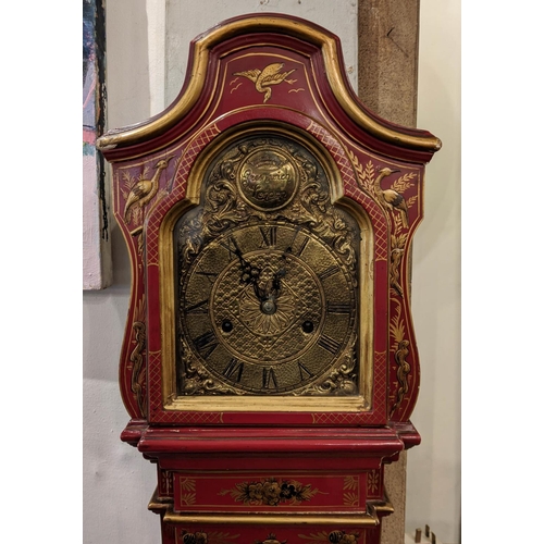 194 - DWARF LONGCASE CLOCK, 27cm W x 138cm H x 18cm D scarlet lacquered, chinoiserie decorated bearing 