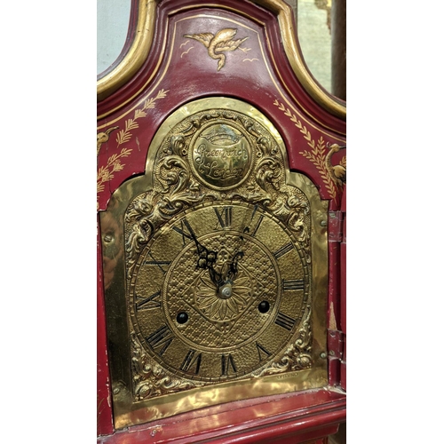 194 - DWARF LONGCASE CLOCK, 27cm W x 138cm H x 18cm D scarlet lacquered, chinoiserie decorated bearing 