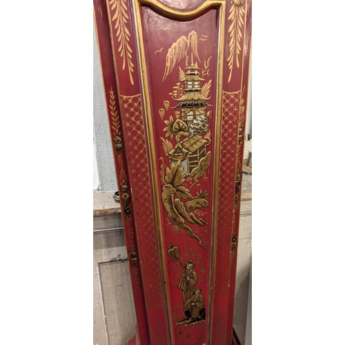 194 - DWARF LONGCASE CLOCK, 27cm W x 138cm H x 18cm D scarlet lacquered, chinoiserie decorated bearing 