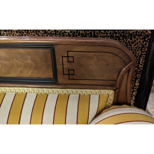 195 - SOFA, 192cm L x 89cm H x 64cm D 19th century Continental mahogany and ebonised with cream and gold s... 