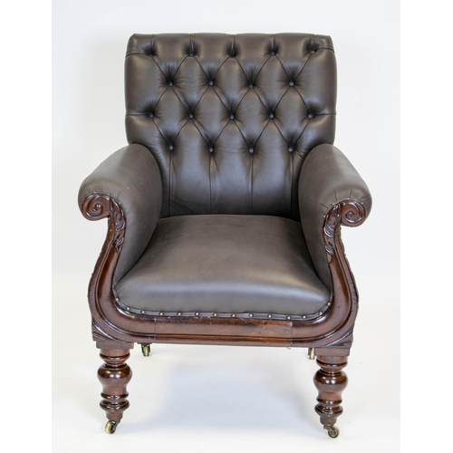 239 - ARMCHAIR, 93cm H x 72cm, William IV mahogany in brown leather and check material on brass castors.