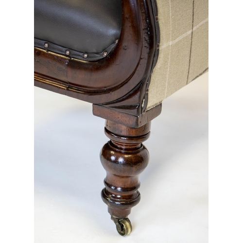 239 - ARMCHAIR, 93cm H x 72cm, William IV mahogany in brown leather and check material on brass castors.