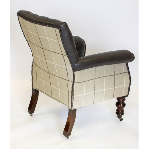 239 - ARMCHAIR, 93cm H x 72cm, William IV mahogany in brown leather and check material on brass castors.