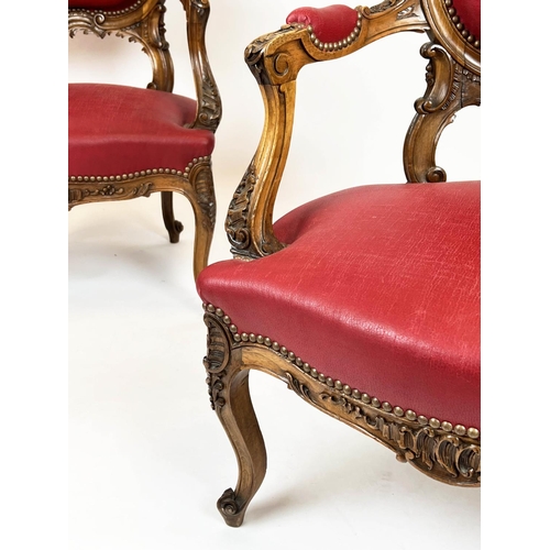 248 - FAUTEUILS, 95cm H x 65cm, a pair, 19th century French walnut in red leatherette. (2)