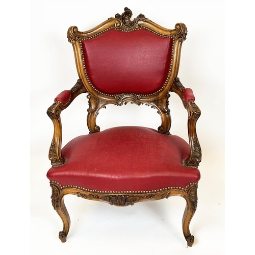 248 - FAUTEUILS, 95cm H x 65cm, a pair, 19th century French walnut in red leatherette. (2)