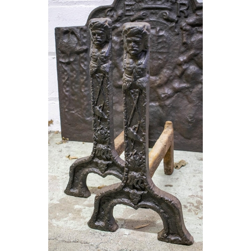 257 - FIREBACK, 77cm H x 94cm W, Elizabeth I, second half 16th century cast iron and a pair of andirons, 6... 