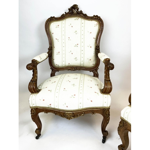 265 - FAUTEUILS, 105cm H x 64cm, a pair, late 19th century French walnut and gilt heightened in patterned ... 