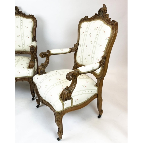 265 - FAUTEUILS, 105cm H x 64cm, a pair, late 19th century French walnut and gilt heightened in patterned ... 