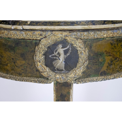 267 - CONSOLE TABLE, Italian neoclassical demi lune green/white inlaid marble with metal mounted and paint... 