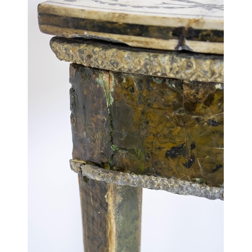 267 - CONSOLE TABLE, Italian neoclassical demi lune green/white inlaid marble with metal mounted and paint... 