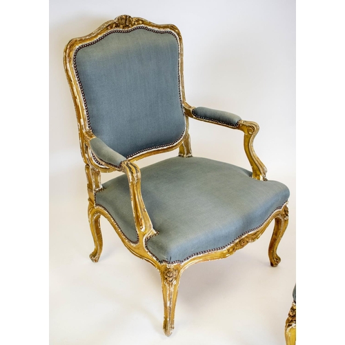 269 - FAUTEUILS, a pair, 100cm H x 68cm, 19th century French giltwood, in grey fabric. (2)