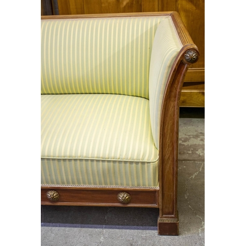 273 - SOFA, 215cm x 86cm x 76cm, Empire style in striped yellow and green upholstery.