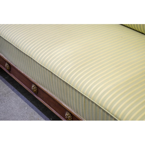 273 - SOFA, 215cm x 86cm x 76cm, Empire style in striped yellow and green upholstery.