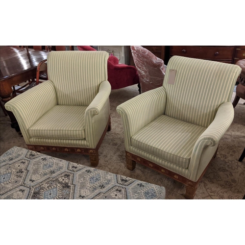 274 - ARMCHAIRS, 90cm H x 82cm, a pair, Empire style walnut and gilt heightened in striped yellow and gree... 