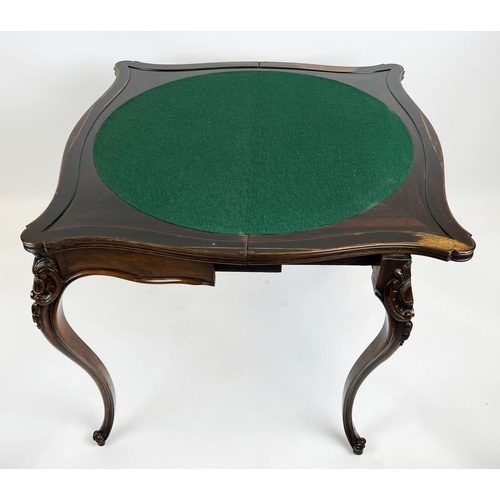 288 - SERPENTINE CARD TABLE, 76cm H x 88cm x 45cm, 86cm open, Napoleon III rosewood with green baize top a... 