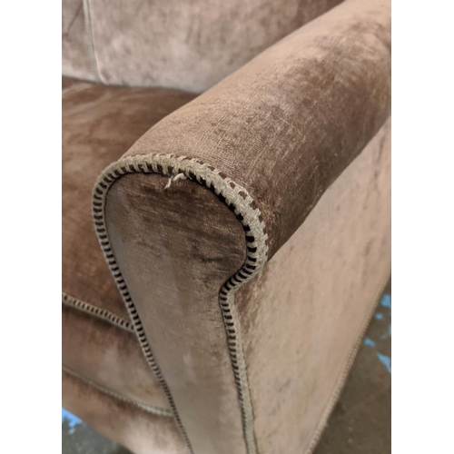 295 - SOFA, traditional brown cloth upholstery, beige piping to edges, wooden frame, 84cm H x 145cm W x 80... 